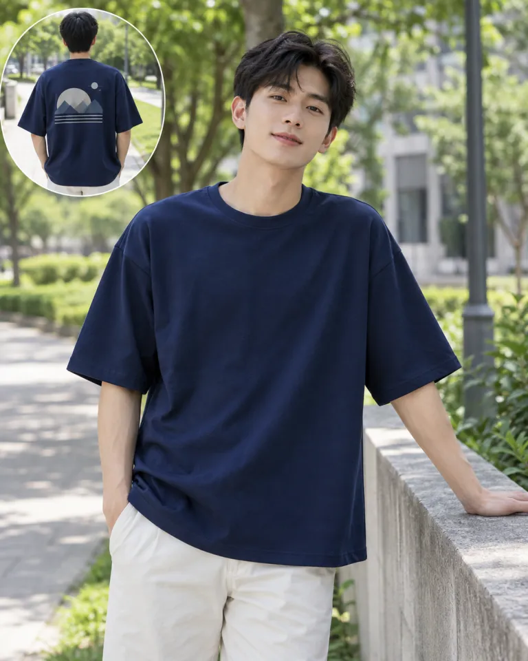 Người mẫu Việt Nam mặc áo nhóm màu xanh navy, slogan sau lưng, form form oversize, chất cotton poly