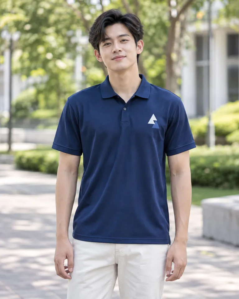 Người mẫu Việt Nam mặc áo nhóm màu xanh navy, in hình trước ngực, form polo trẻ trung, chất thun lạnh