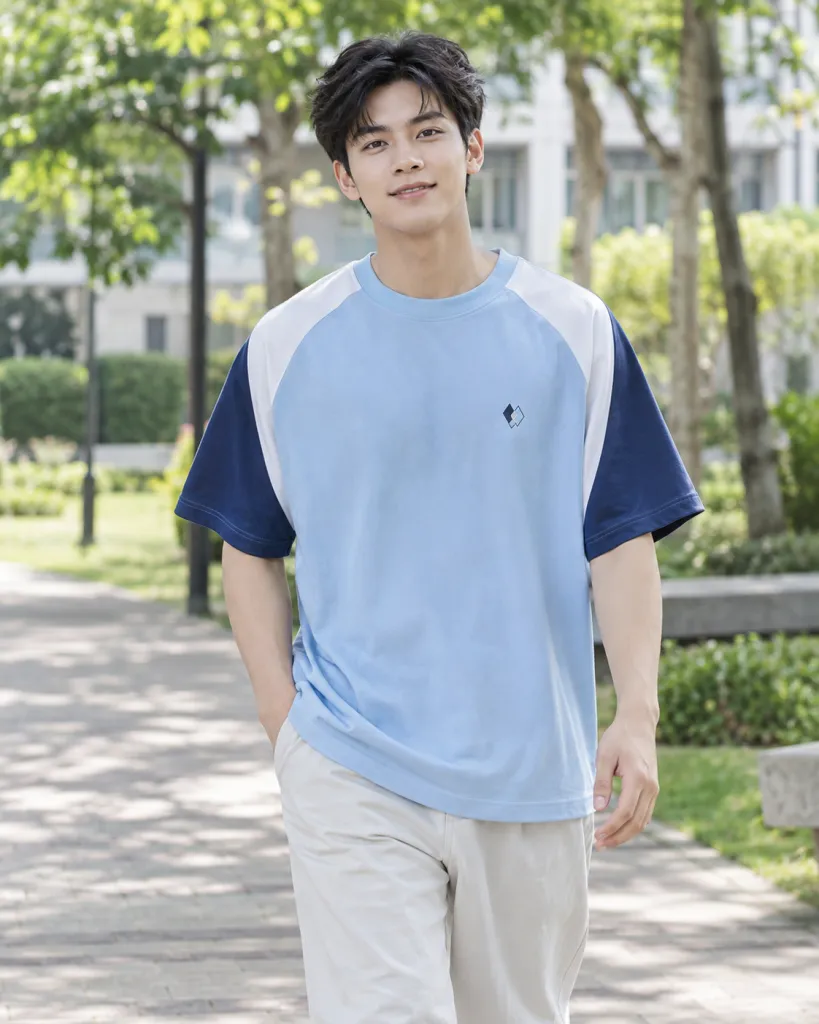Áo nhóm màu xanh dương nhạt, phối tay hai màu, form form oversize, chất cotton compact