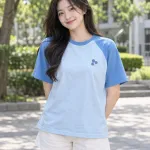 Áo nhóm màu xanh dương nhạt, in hình trước ngực, form tay raglan, chất cotton compact