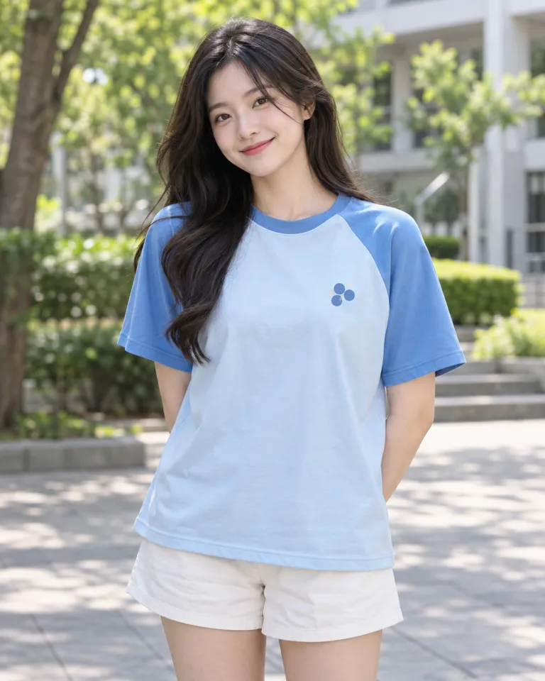 Người mẫu Việt Nam mặc áo nhóm màu xanh dương nhạt, in hình trước ngực, form tay raglan, chất cotton compact