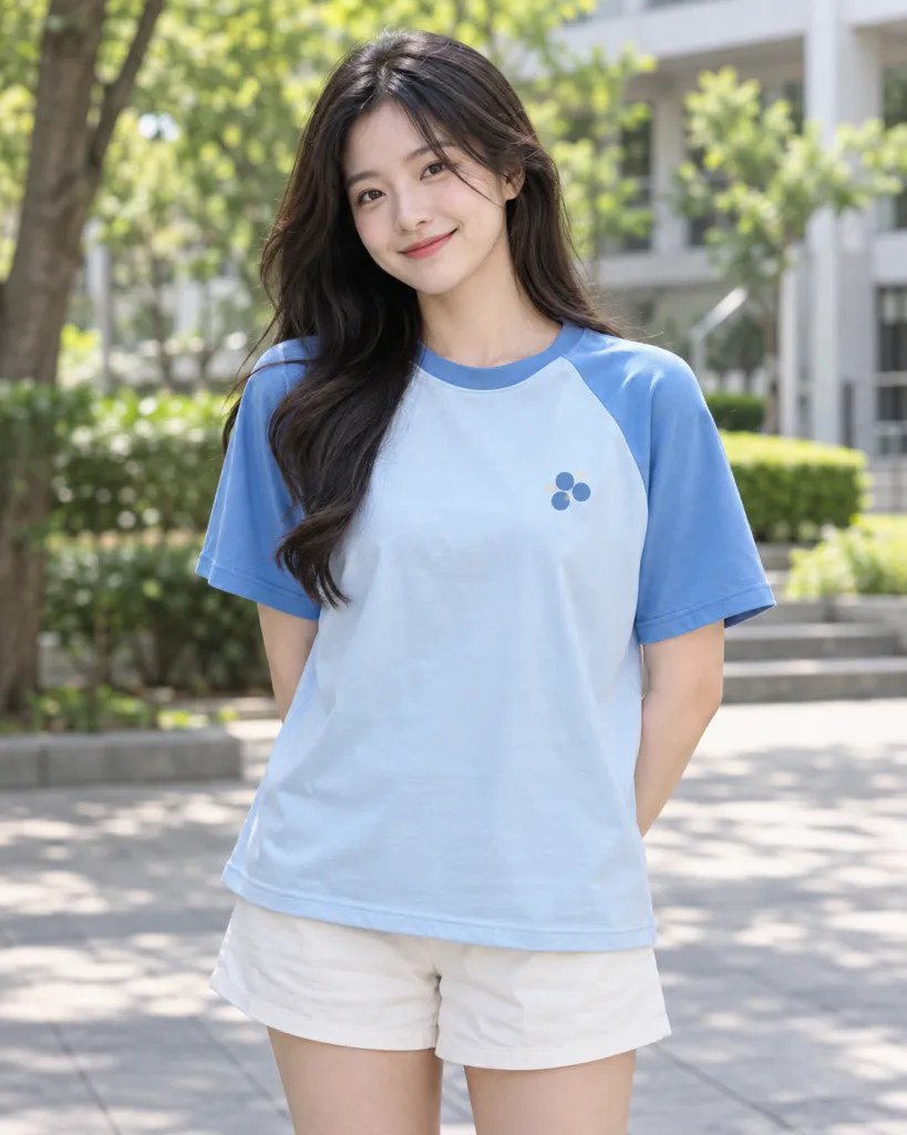 Áo nhóm màu xanh dương nhạt, in hình trước ngực, form tay raglan, chất cotton compact