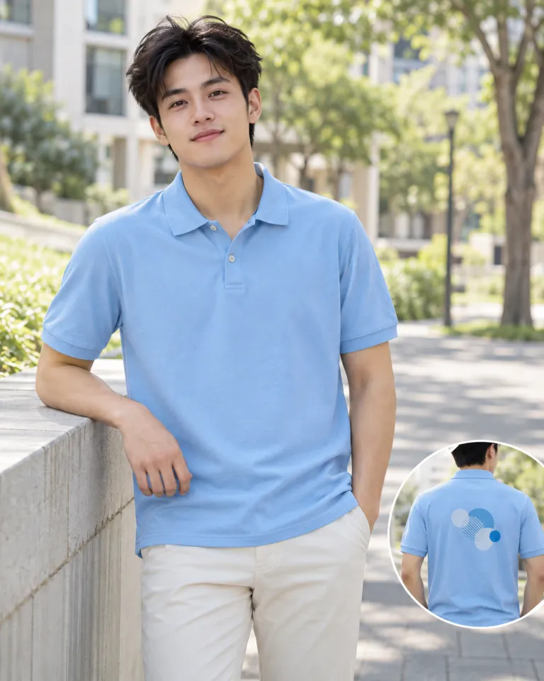 Người mẫu Việt Nam mặc áo nhóm màu xanh dương nhạt, slogan sau lưng, form polo trẻ trung, chất cotton 100%