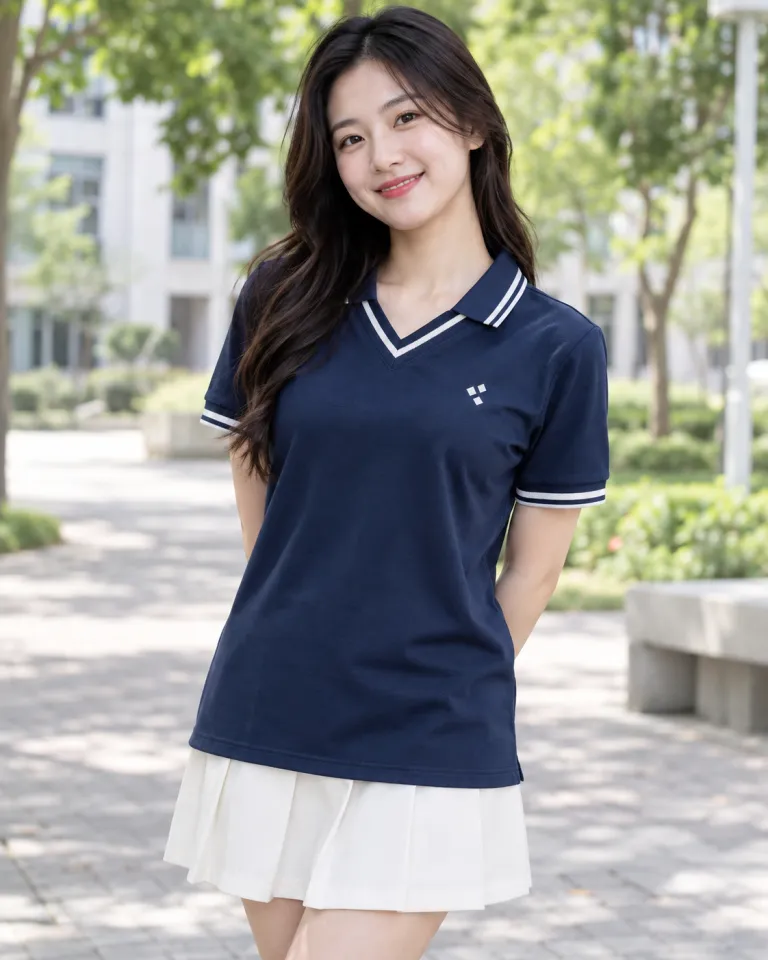 Người mẫu Việt Nam mặc áo lớp polo màu xanh navy, tên lớp sau lưng, form cổ v phối viền, chất cá sấu cotton