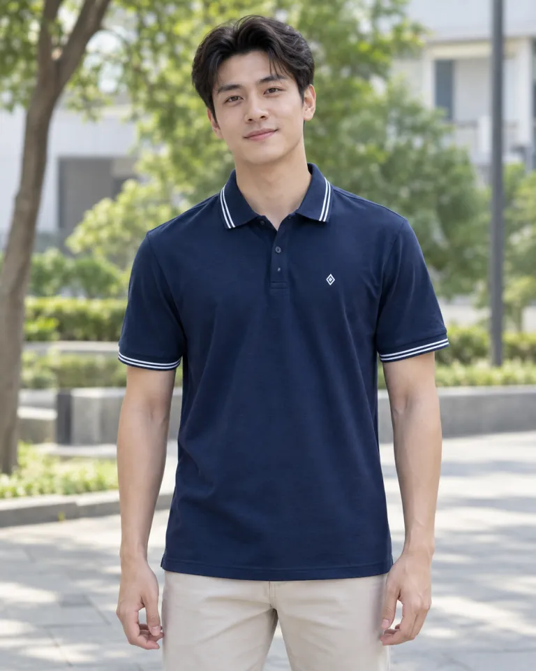 Người mẫu Việt Nam mặc áo lớp polo màu xanh navy, logo nhỏ trước ngực, form cổ bẻ sọc, chất cotton mềm 220gsm