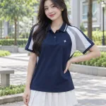Áo lớp polo màu xanh navy, phối hai màu, form phối vai thể thao, chất cotton mềm 220gsm