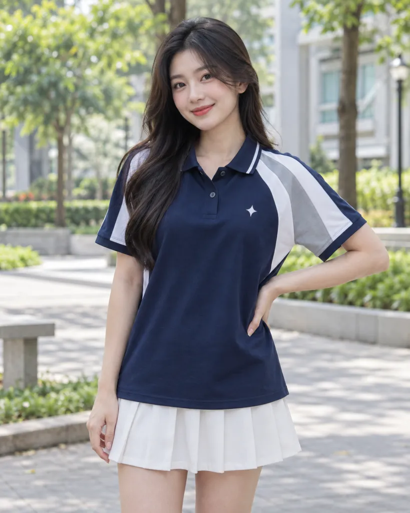 Hình ảnh Áo lớp polo màu xanh navy, phối hai màu, form phối vai thể thao, chất cotton mềm 220gsm