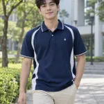 Áo lớp polo màu xanh navy, tên lớp sau lưng, form phối sườn, chất pique co giãn