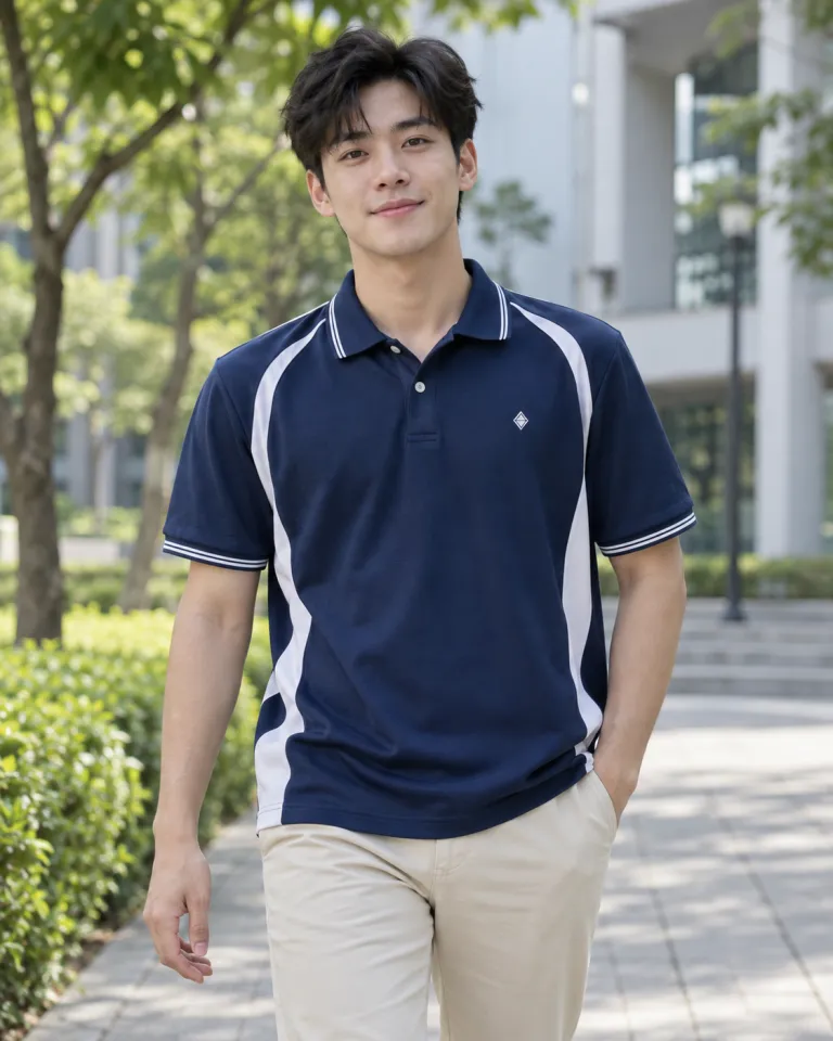 Người mẫu Việt Nam mặc áo lớp polo màu xanh navy, tên lớp sau lưng, form phối sườn, chất pique co giãn