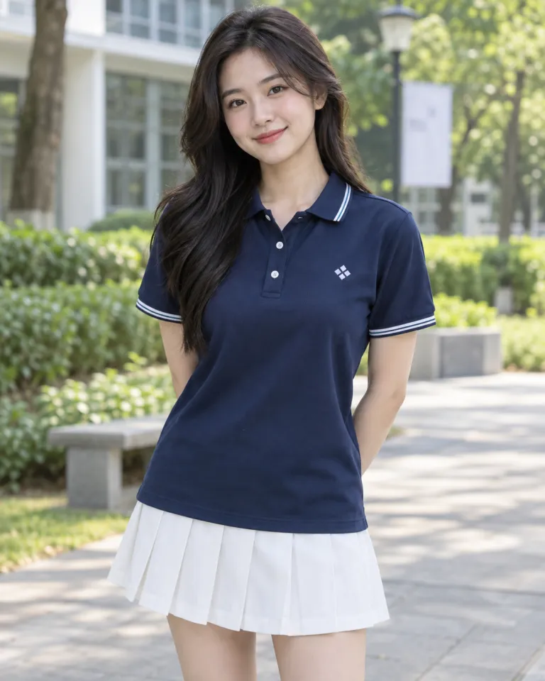Người mẫu Việt Nam mặc áo lớp polo màu xanh navy, logo nhỏ trước ngực, form bo tay tương phản, chất pique co giãn