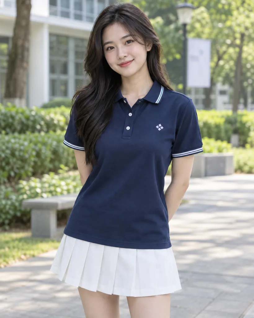 Áo lớp polo màu xanh navy, logo nhỏ trước ngực, form bo tay tương phản, chất pique co giãn