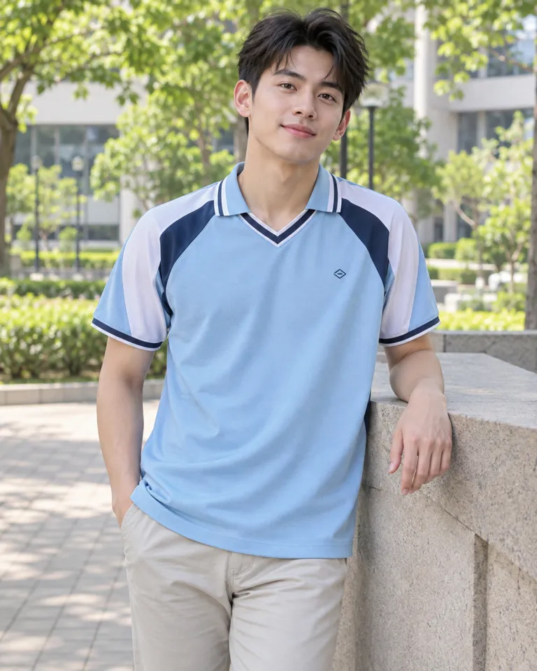 Người mẫu Việt Nam mặc áo lớp polo màu xanh dương nhạt, phối hai màu, form cổ v phối viền, chất cotton poly