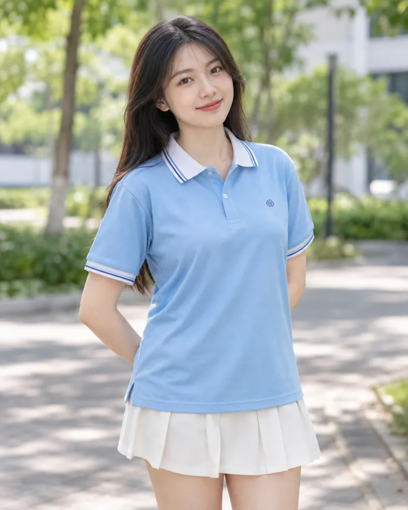 Áo lớp polo màu xanh dương nhạt, tên lớp sau lưng, form cổ bẻ sọc, chất cotton poly