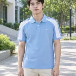 Áo lớp polo màu xanh dương nhạt, logo nhỏ trước ngực, form phối vai thể thao, chất cá sấu cotton