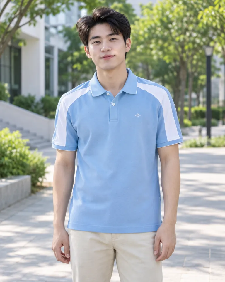 Người mẫu Việt Nam mặc áo lớp polo màu xanh dương nhạt, logo nhỏ trước ngực, form phối vai thể thao, chất cá sấu cotton