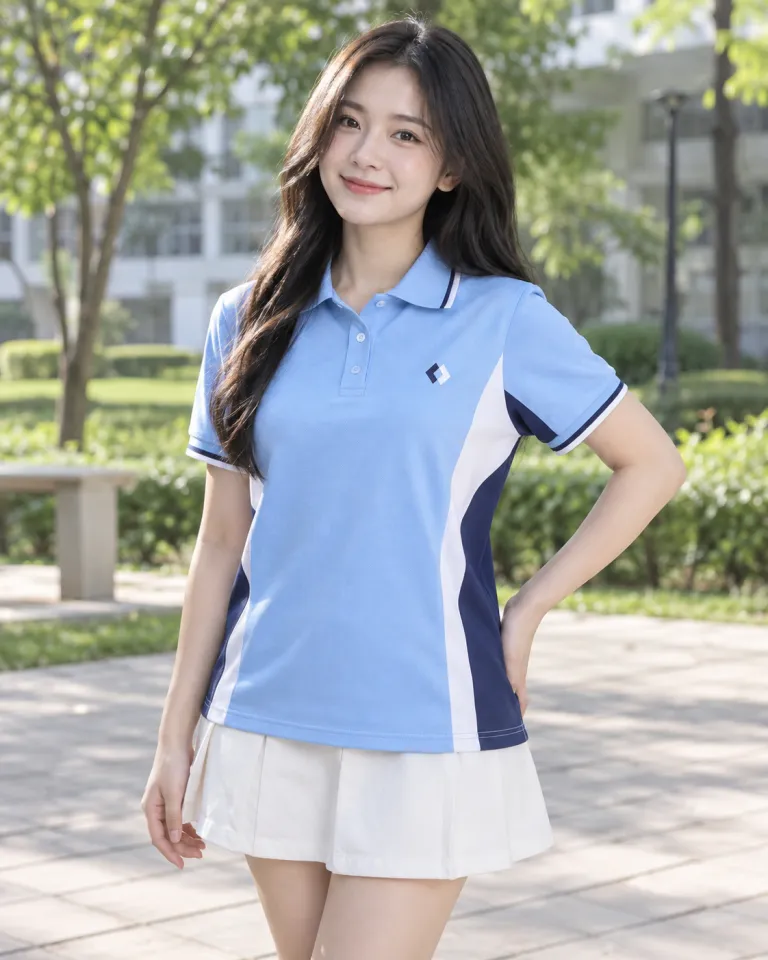 Người mẫu Việt Nam mặc áo lớp polo màu xanh dương nhạt, phối hai màu, form phối sườn, chất cá sấu cotton