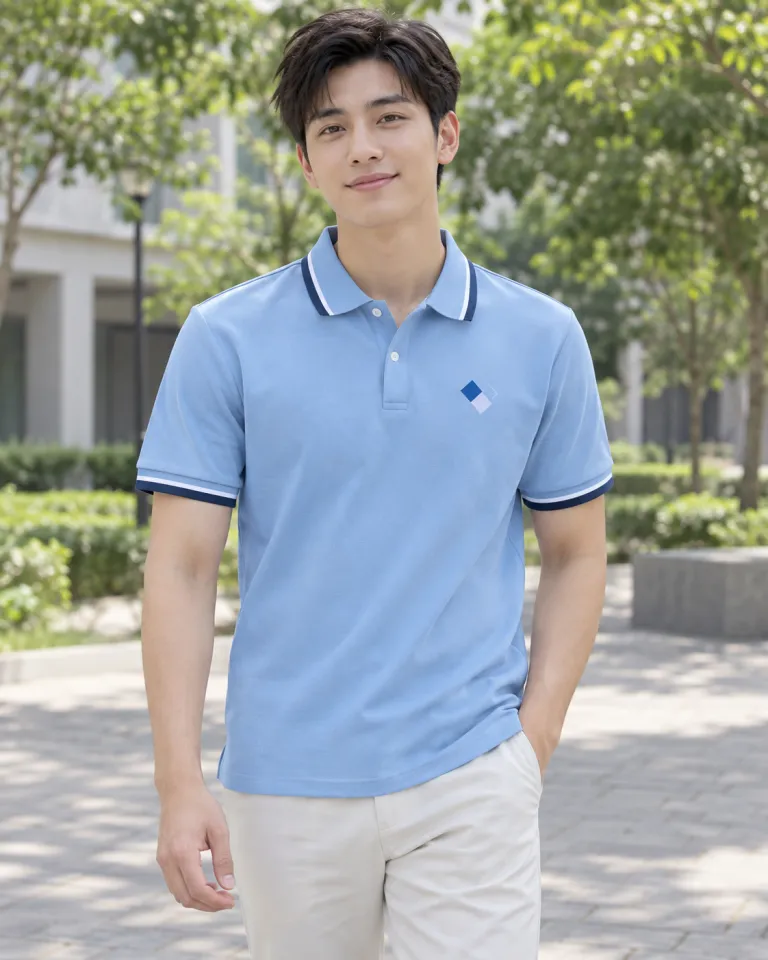 Người mẫu Việt Nam mặc áo lớp polo màu xanh dương nhạt, tên lớp sau lưng, form bo tay tương phản, chất cotton mềm 220gsm