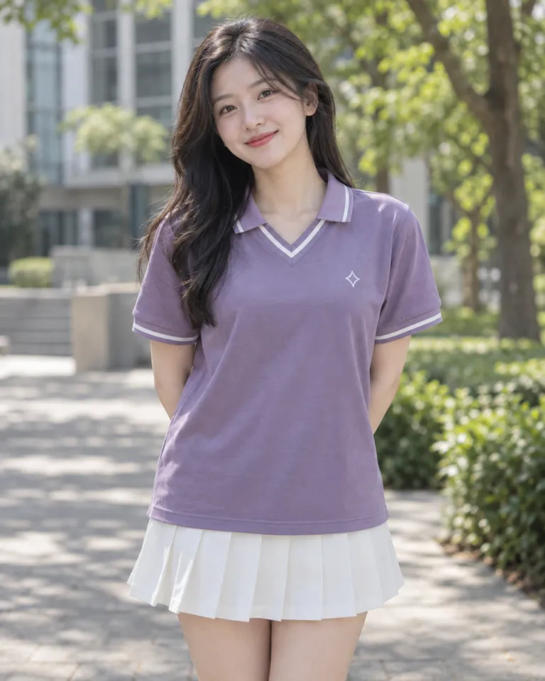 Người mẫu Việt Nam mặc áo lớp polo màu tím khói, logo nhỏ trước ngực, form cổ v phối viền, chất cotton mềm 220gsm