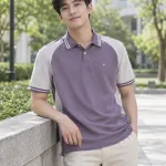 Áo lớp polo màu tím khói, phối hai màu, form cổ bẻ sọc, chất pique co giãn