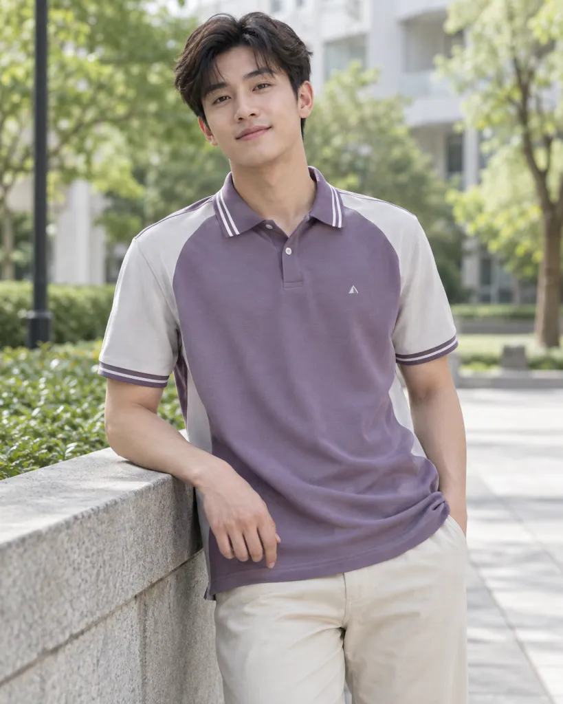 Hình ảnh Áo lớp polo màu tím khói, phối hai màu, form cổ bẻ sọc, chất pique co giãn