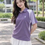 Áo lớp polo màu tím khói, tên lớp sau lưng, form phối vai thể thao, chất pique co giãn
