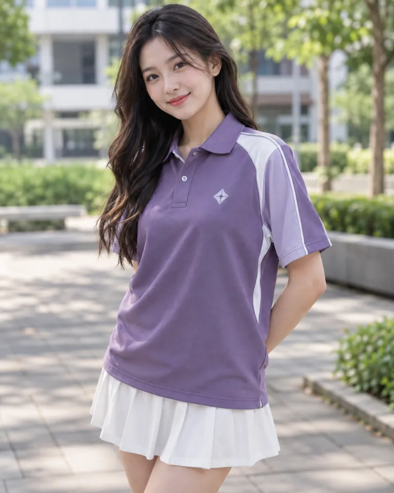 Người mẫu Việt Nam mặc áo lớp polo màu tím khói, tên lớp sau lưng, form phối vai thể thao, chất pique co giãn
