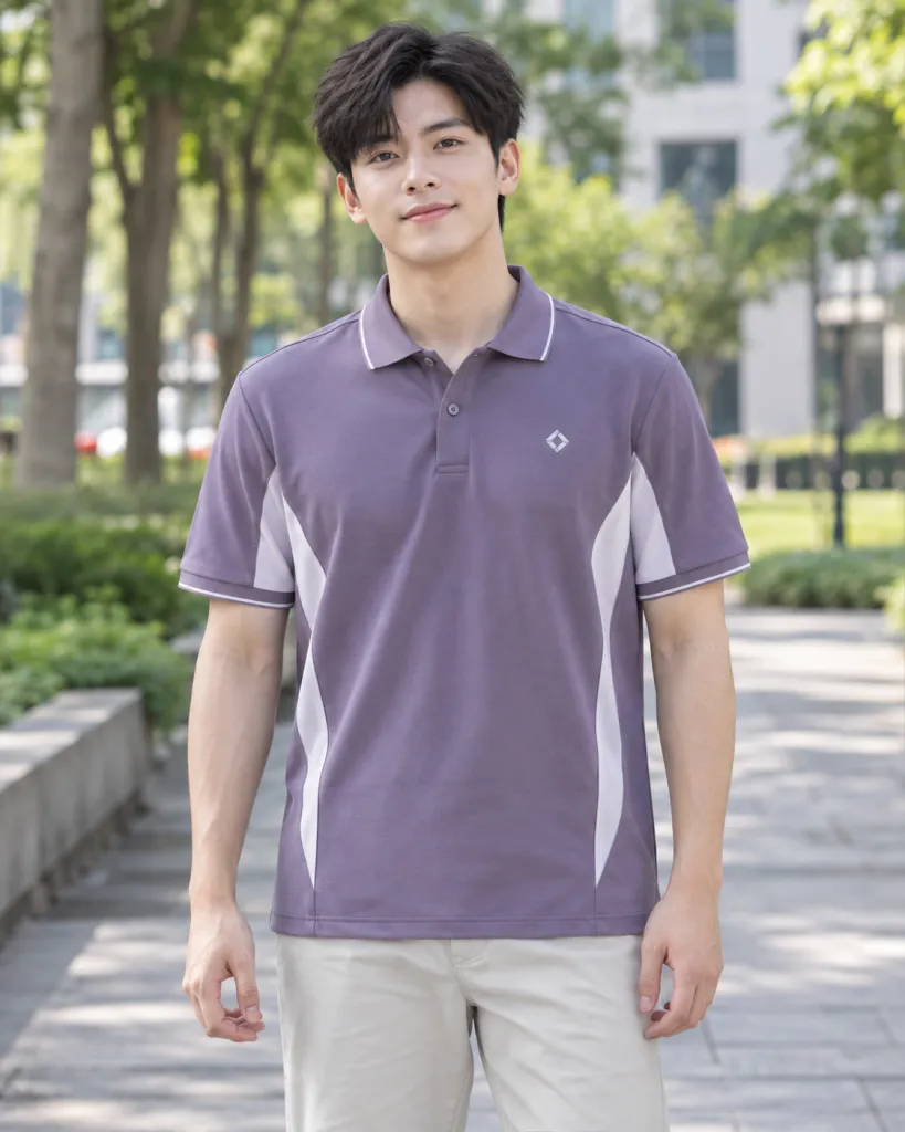 Hình ảnh Áo lớp polo màu tím khói, logo nhỏ trước ngực, form phối sườn, chất cotton poly