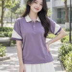 Áo lớp polo màu tím khói, phối hai màu, form bo tay tương phản, chất cotton poly