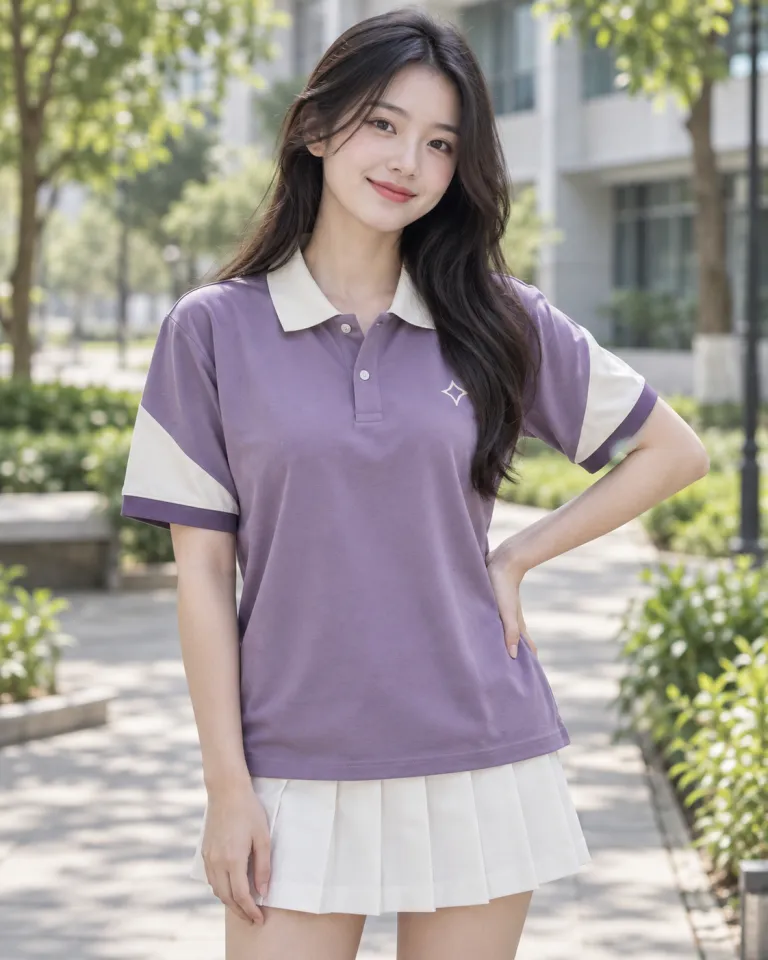 Người mẫu Việt Nam mặc áo lớp polo màu tím khói, phối hai màu, form bo tay tương phản, chất cotton poly
