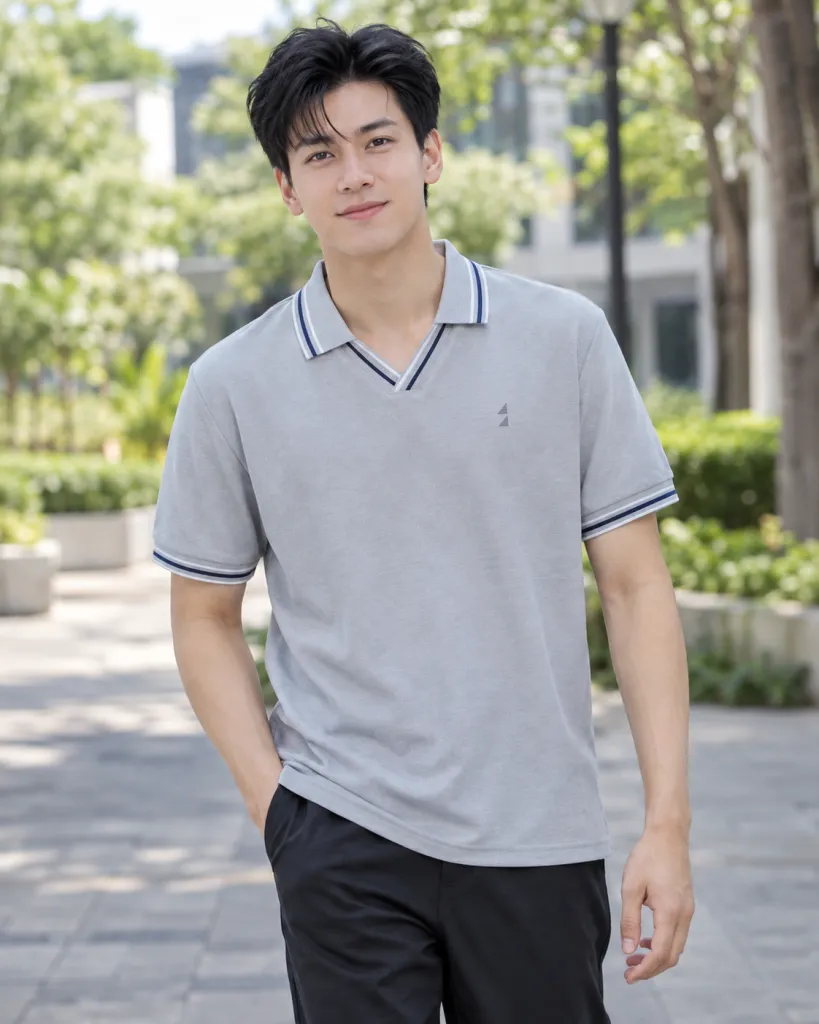 Áo lớp polo màu ghi sáng, tên lớp sau lưng, form cổ V phối viền, chất cá sấu cotton