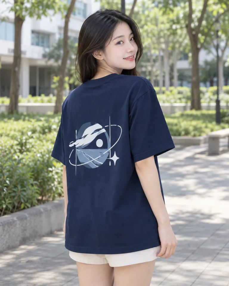 Người mẫu Việt Nam mặc áo lớp thun màu xanh navy, hình in lớn sau lưng, form cổ tròn form rộng, chất cotton 100%