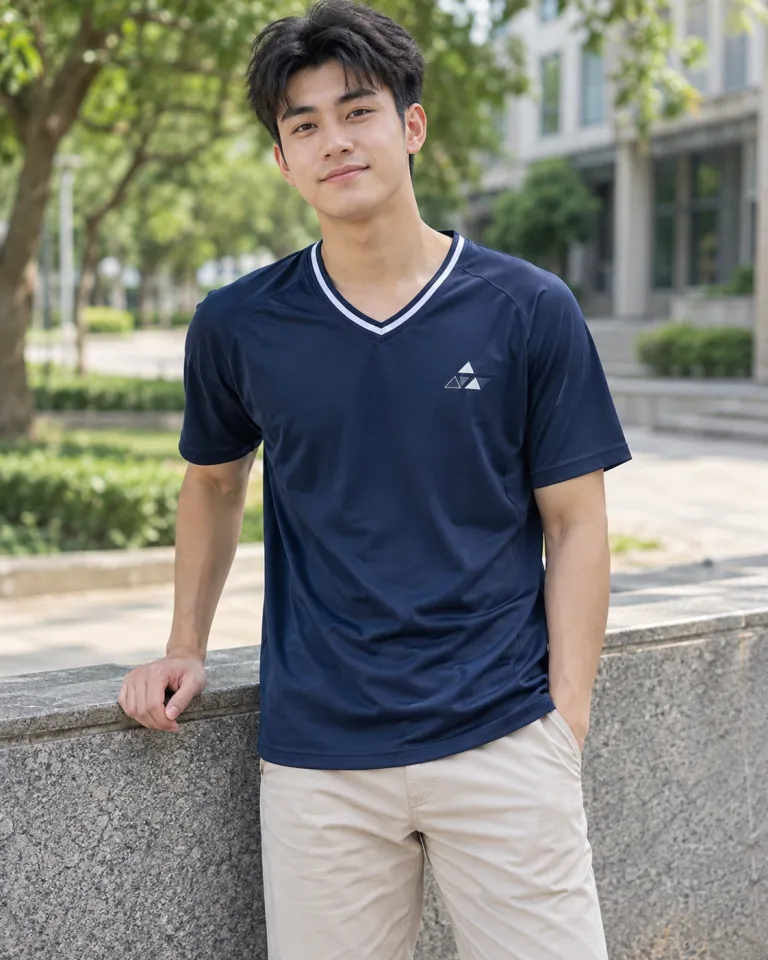 Người mẫu Việt Nam mặc áo lớp thun màu xanh navy, slogan trước ngực, form cổ tim thể thao, chất thun co giãn bốn chiều