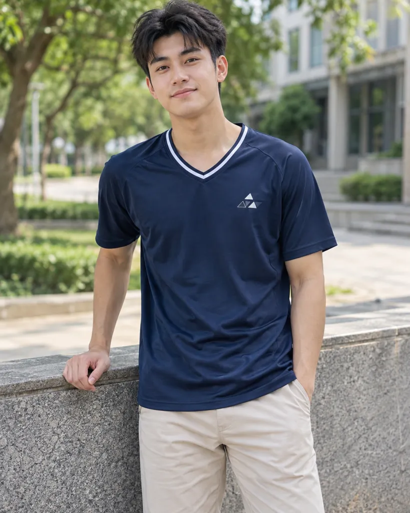 Áo lớp thun màu xanh navy, slogan trước ngực, form cổ tim thể thao, chất thun co giãn bốn chiều