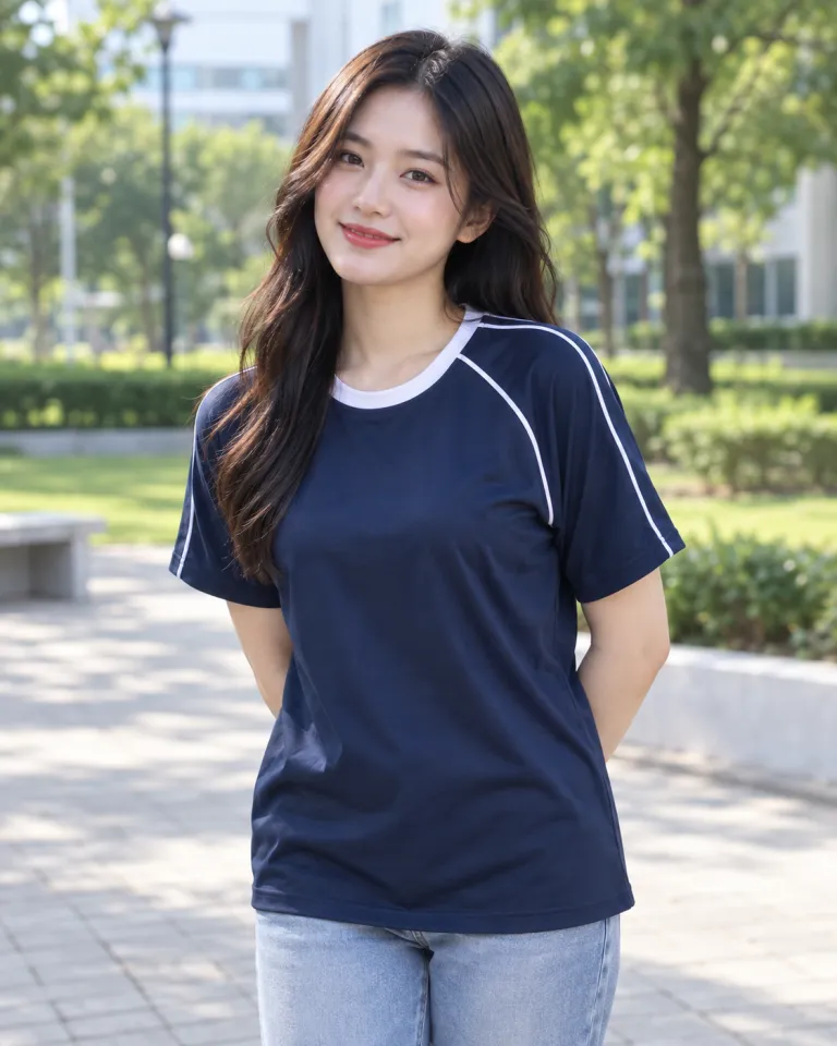 Người mẫu Việt Nam mặc áo lớp thun màu xanh navy, phối viền cổ, form tay raglan, chất thun co giãn bốn chiều
