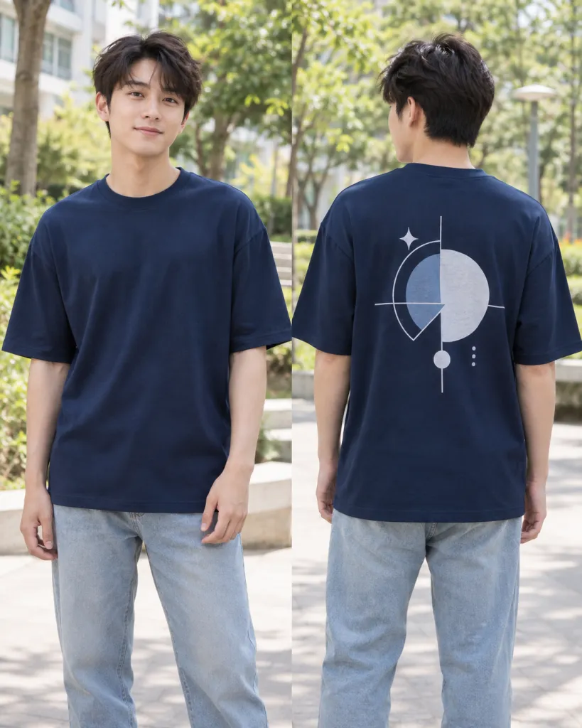 Áo lớp thun màu xanh navy, hình in lớn sau lưng, form form oversize, chất cotton poly