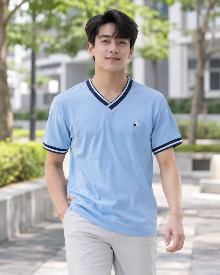 Người mẫu Việt Nam mặc áo lớp thun màu xanh dương nhạt, phối viền cổ, form cổ tim thể thao, chất cotton compact