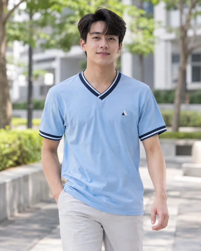 Hình ảnh Áo lớp thun màu xanh dương nhạt, phối viền cổ, form cổ tim thể thao, chất cotton compact