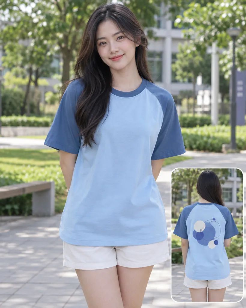 Áo lớp thun màu xanh dương nhạt, hình in lớn sau lưng, form tay raglan, chất cotton compact