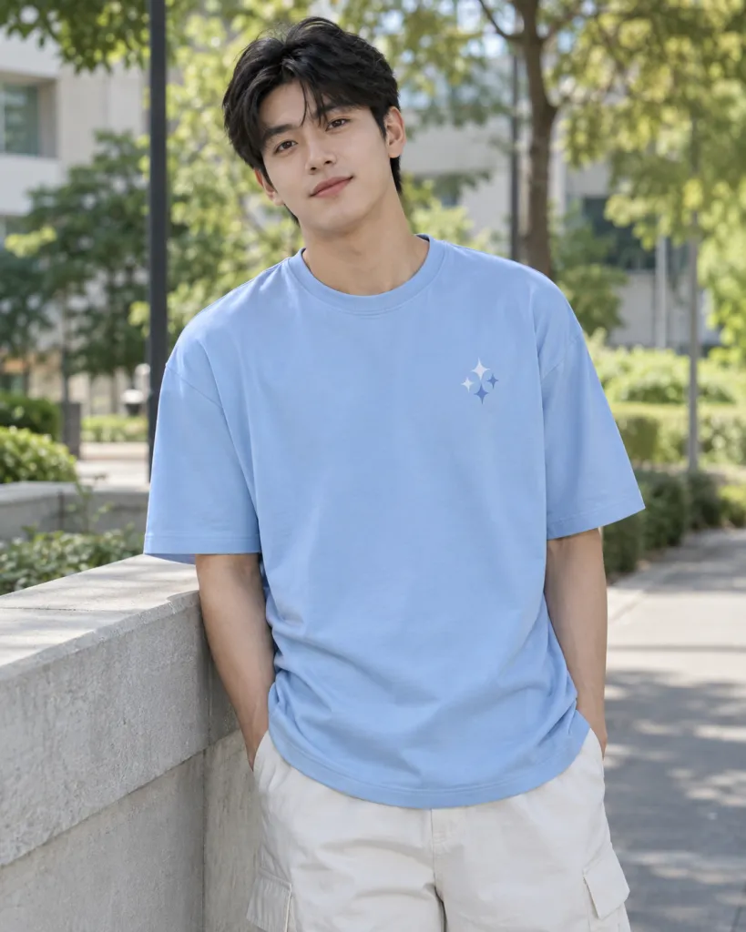 Hình ảnh Áo lớp thun màu xanh dương nhạt, slogan trước ngực, form form oversize, chất cotton 100%
